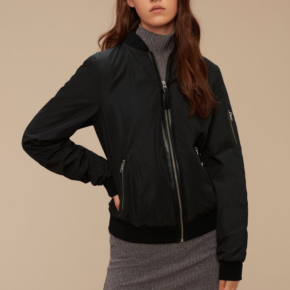Mackage for Aritzia‎ Black Cara Bomber Jacket Leather Trim Womens Small Varsity